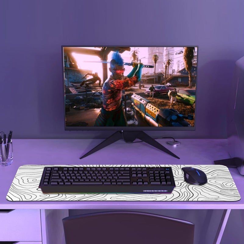 Renyqatt Gaming Mouse Pad Large 31.5 x 11.8in Topographic Keyboard Pad Mouse Pad for Non-Slip Base and Stitched Edge, Extended Desk Pad XL Keyboard Desk Mat (White) - Image 2